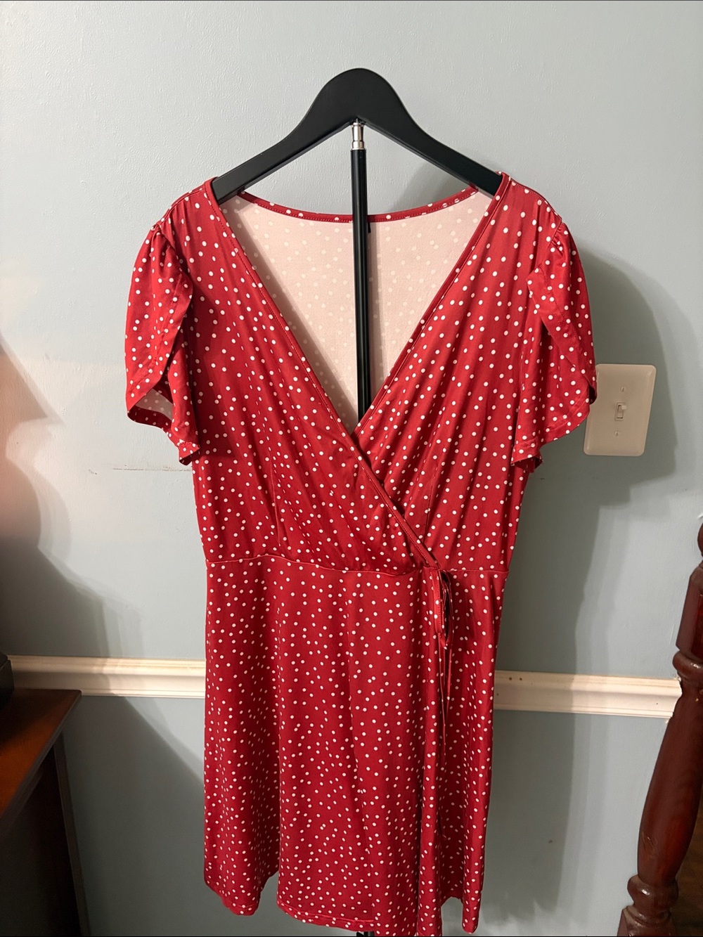 Red Polka Dot Wrap Midi Dress with Tie Waist